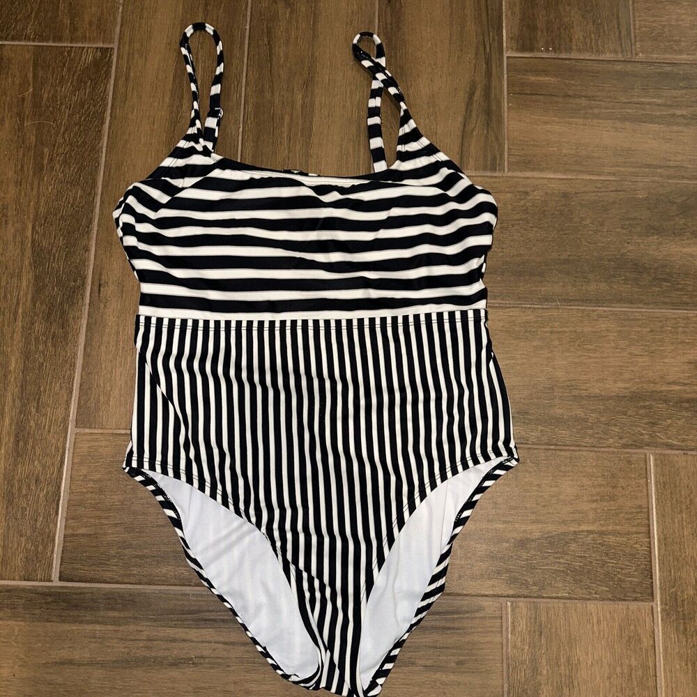 Eco Beach Black White Swimsuit Bathing One Piece Size Large Stripes